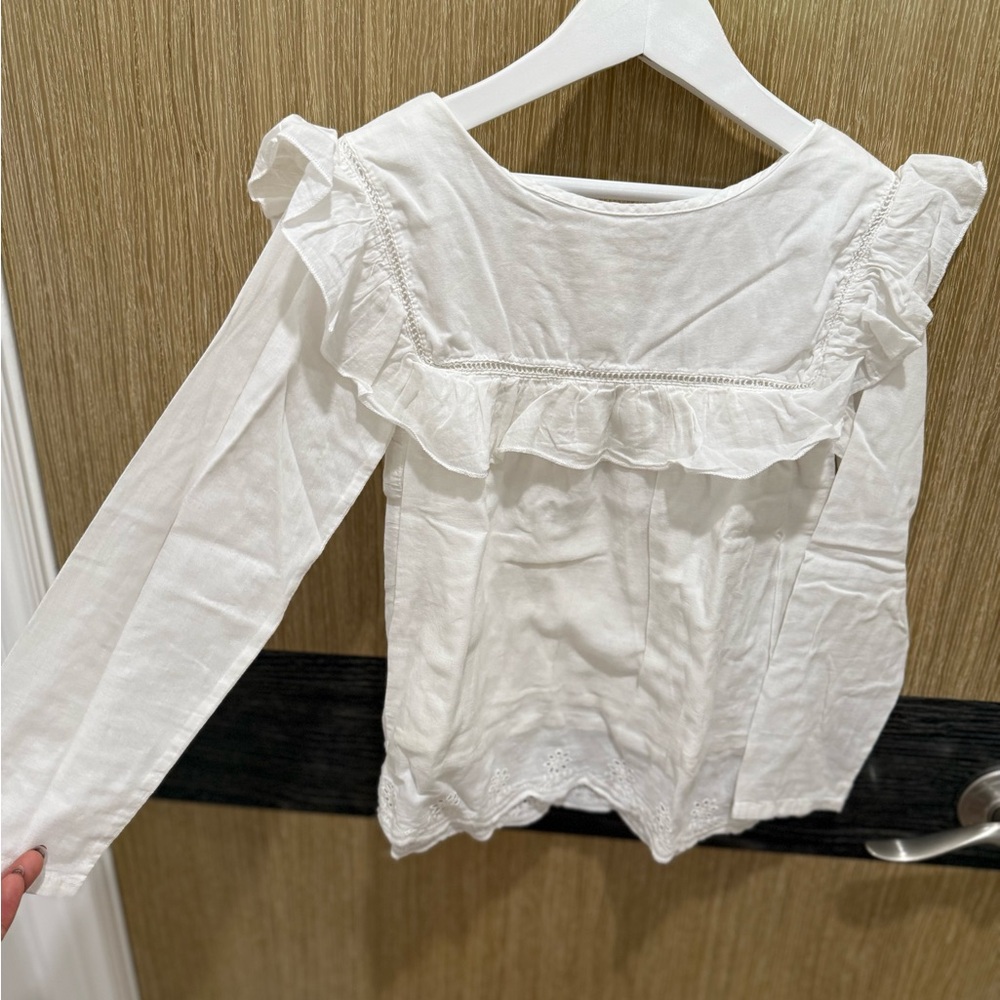 Cherokee White Ruffled Long Sleeve Bib Collar Blouse
